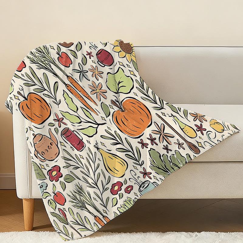 Cute Fruits & Floral Print Flannel Blanket Skin-Friendly Soft Warm Plush Throw, Decorative for Home, Dorm, Festive (Xmas/Halloween) Use