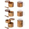 Acacia Wood Salt Jar with Spoon Solid Wood Seasoning Box Pepper Box Kitchen Seasoning Bottle Salt Box  Storage Seasoning Jar