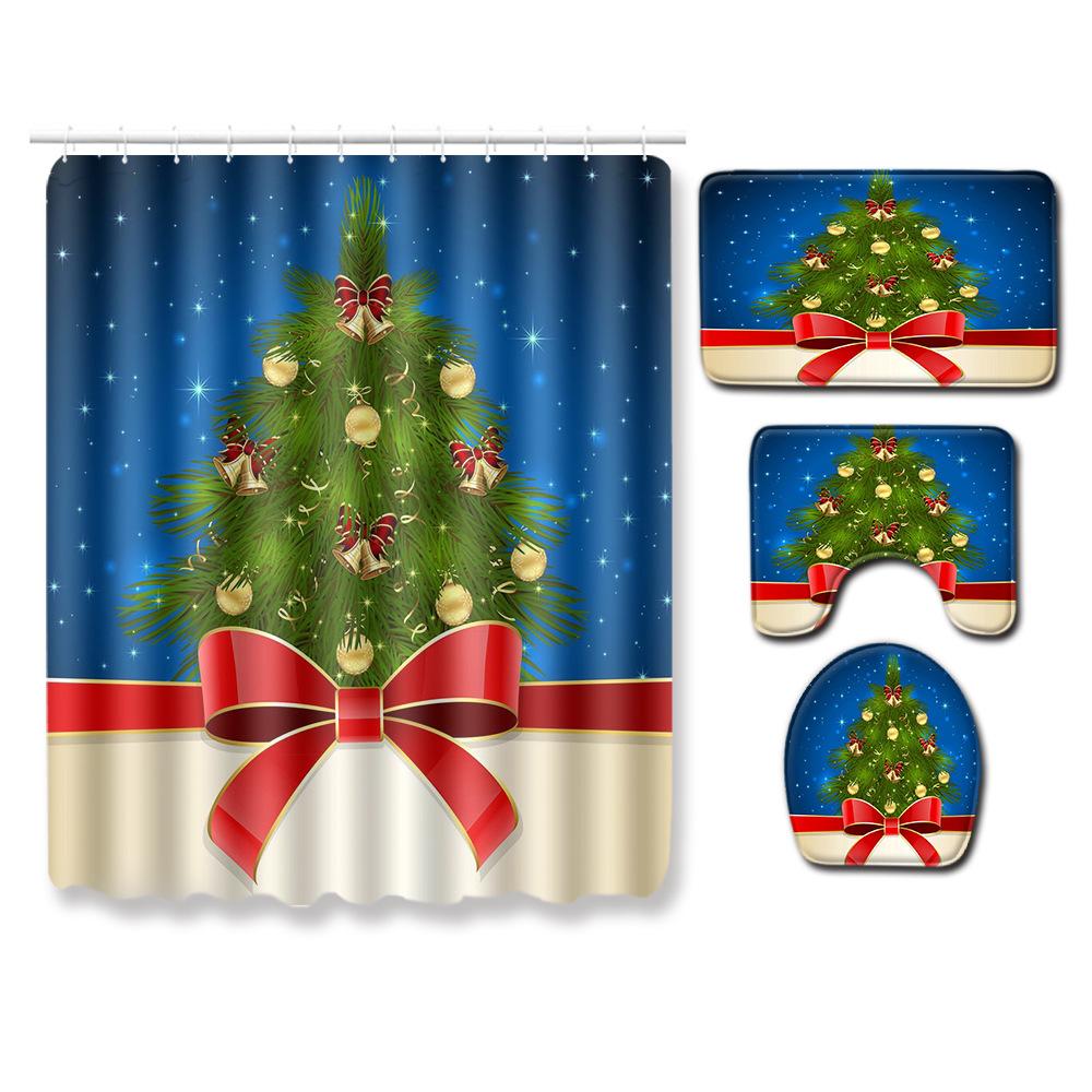 Christmas Shower Curtain Floor Mat Combination Four-Piece Set Bathroom Toilet Carpet Shower Room Mat Foot Mat