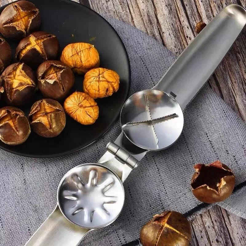 Máquina Abridora de Castanhas 2 em 1 de Aço Inoxidável Acessórios de Cozinha Cortador de Castanhas Portátil Clipe de Castanhas Doméstico para Nozes Gadgets