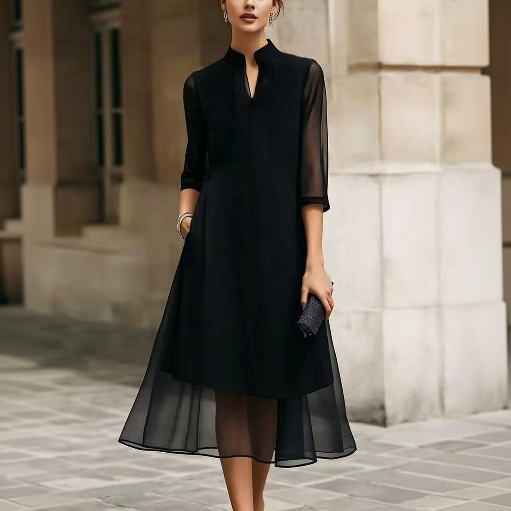 Women's Fashion Elegant Chiffon Dress with Inner Lining Flowy Midi Length Half Sleeve Casual Office Wear