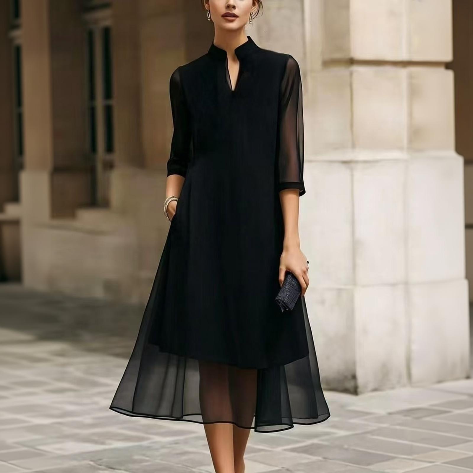 Women Chiffon Dress with Inner Three Quarter Sleeve V Neck Midi Length Flowy A Line Elegant Style for Daily Wear L чёрный