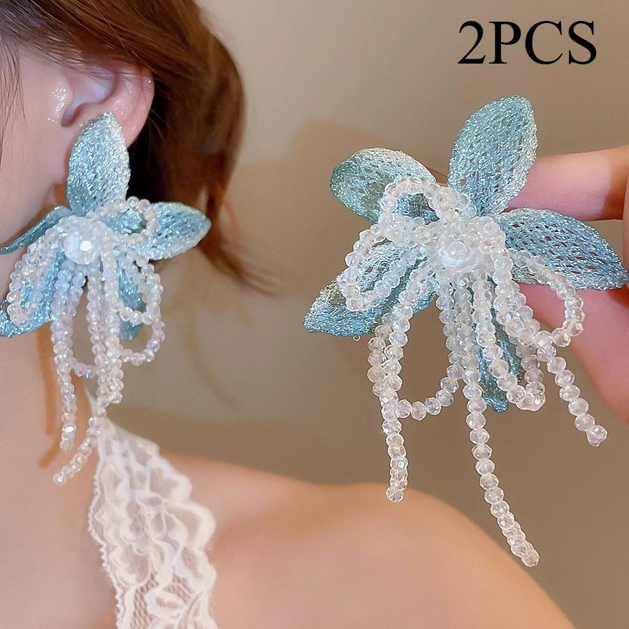 

2pcs Vacation Style Chiffon Flower Beaded Tassel Earrings Summer New Niche Statement Dangle for Women
