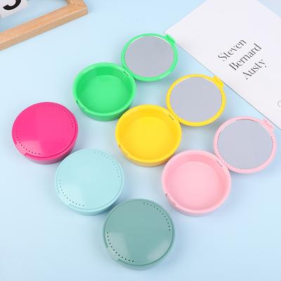 Dental Denture Storage Box Circular With Mirror Orthodontic Teeth Hygiene Box Mouthguard Container Oral Hygiene Dentures Care