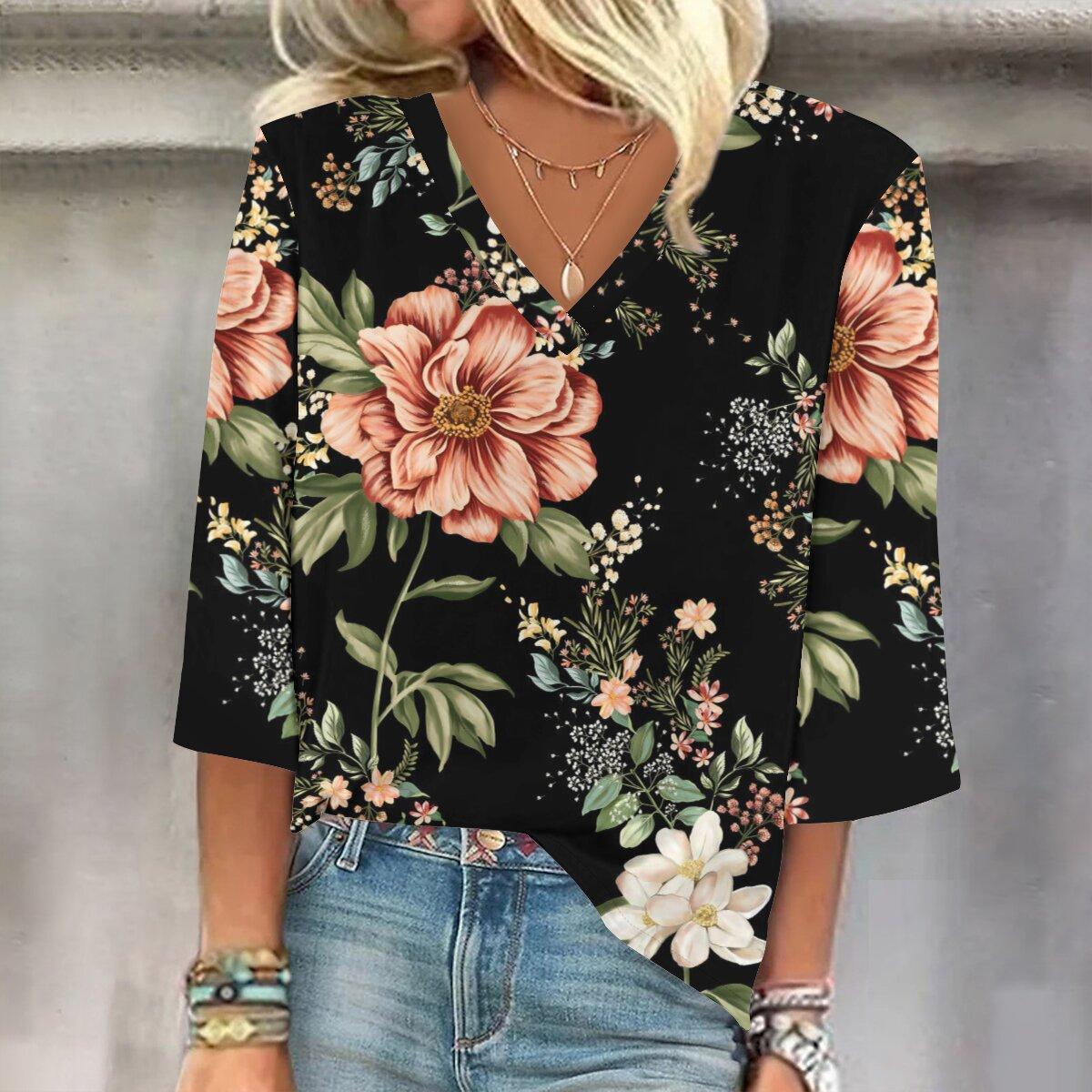 

2023 Sping и осень Новая мода Женский повседневный топ с V-образным вырезом с рукавом 3/4 с принтом