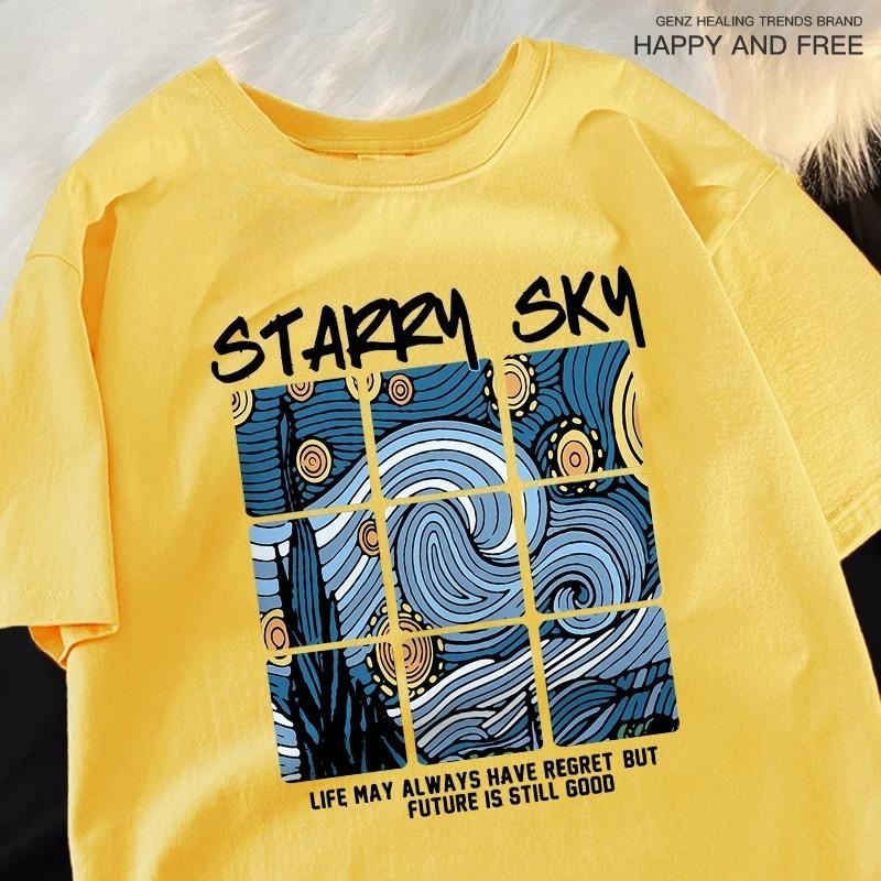 Creative Casual T-Shirt Pattern Loose T-Shirt Soft Starry Sky Blue Galaxy Women's Fashion Loose Top