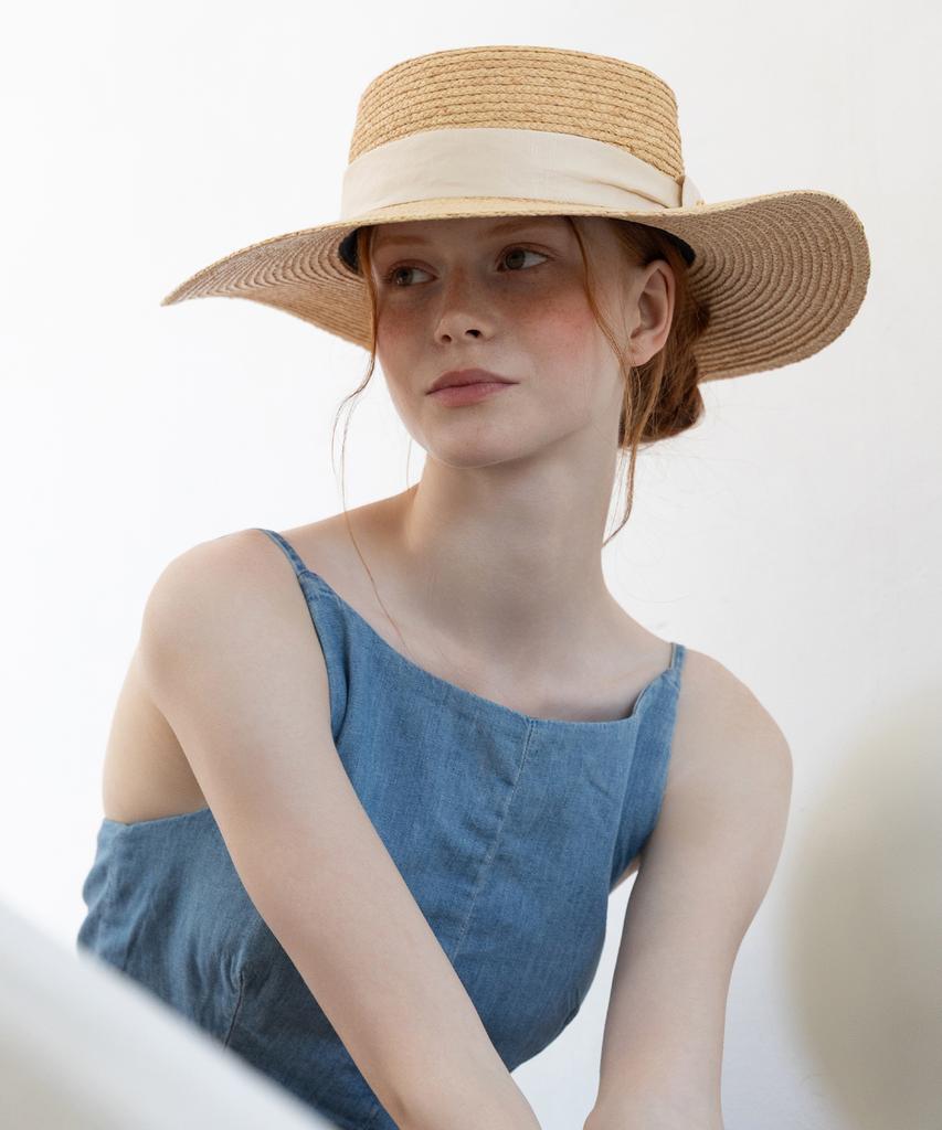 Tatiana Elvia Ribbon Band Natural Raffia Boater Hat Ht8194 Ivory