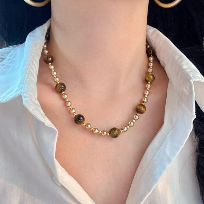 Gold Plated Natural Tiger Eye Stone Champagne Pearl Beaded Choker Necklace золотой
