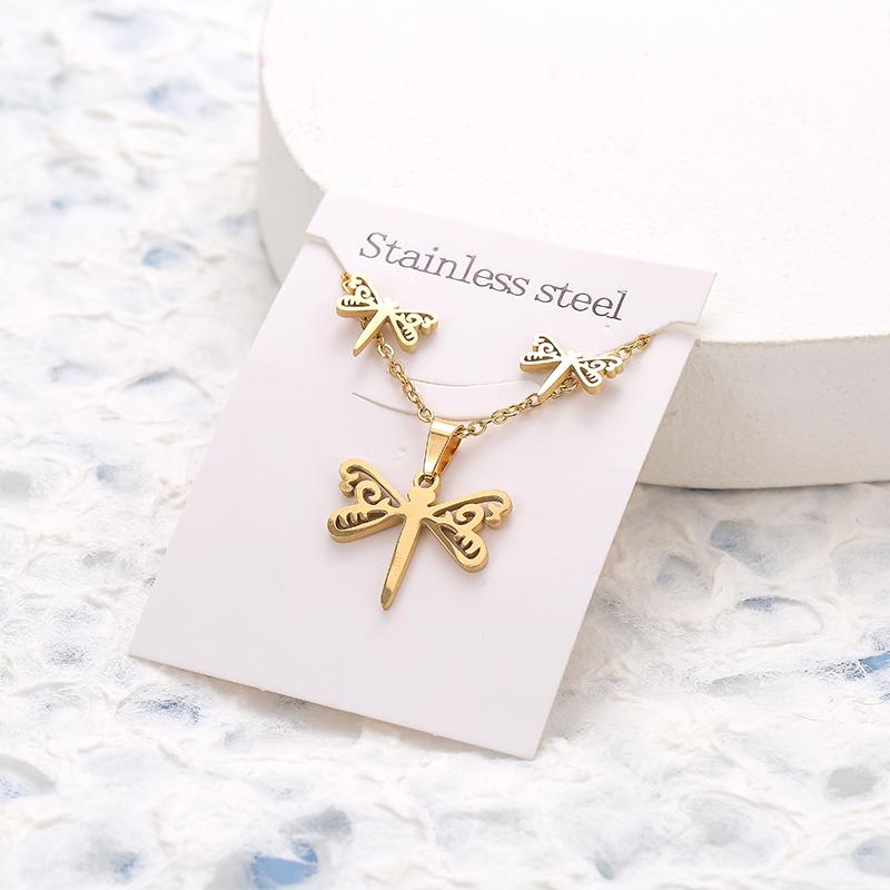 New Animal Flower Butterfly Stainless Steel Pendant Necklace Sets For Women Gold Color Chain Necklace Earrings Zircon Gifts