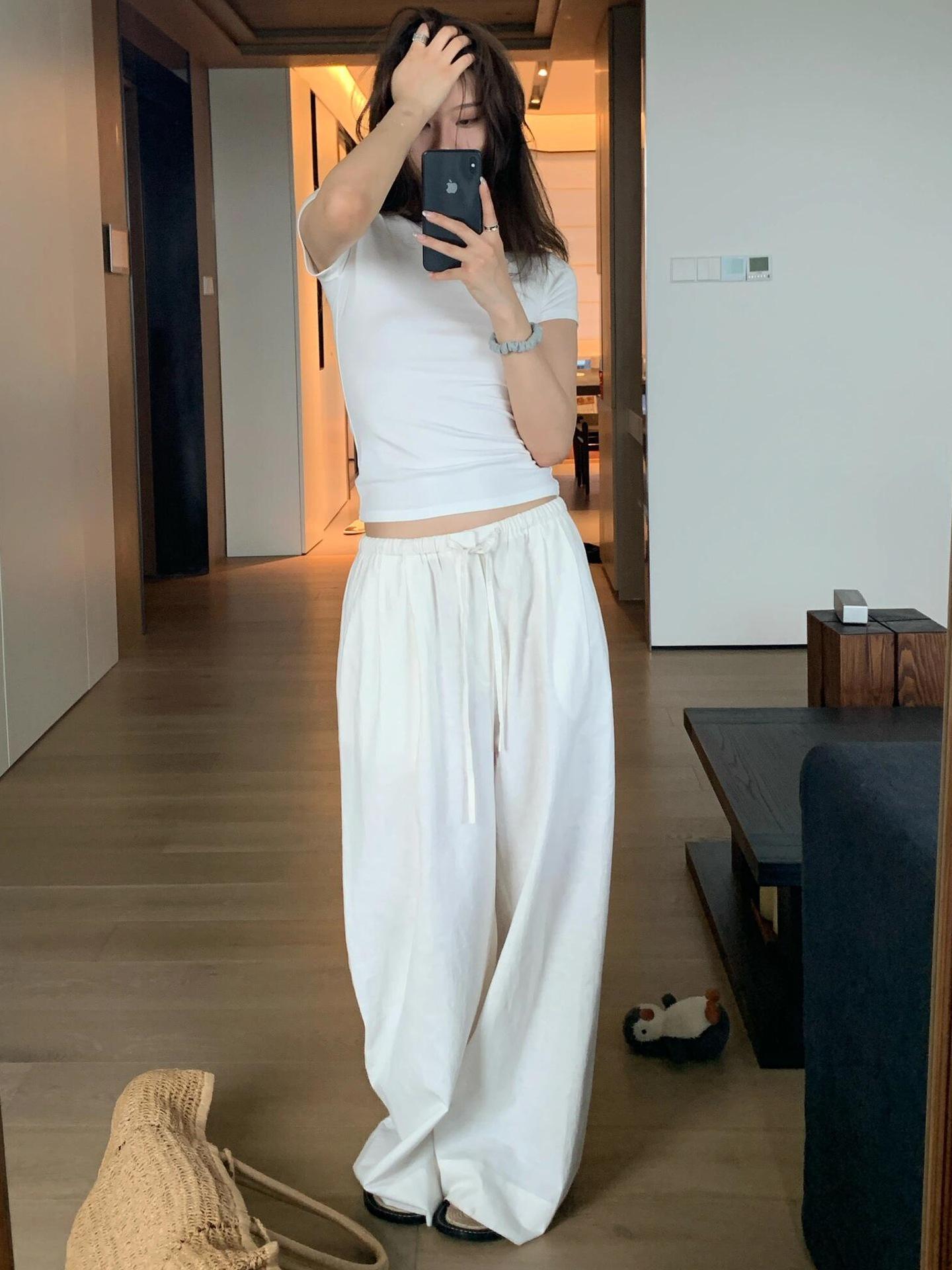 

Women s Wide-Leg Cotton-Linen Floor-Length Pants - Relaxed, Sun-Protective, Summer 2026 Style, Plus Size Available S белый