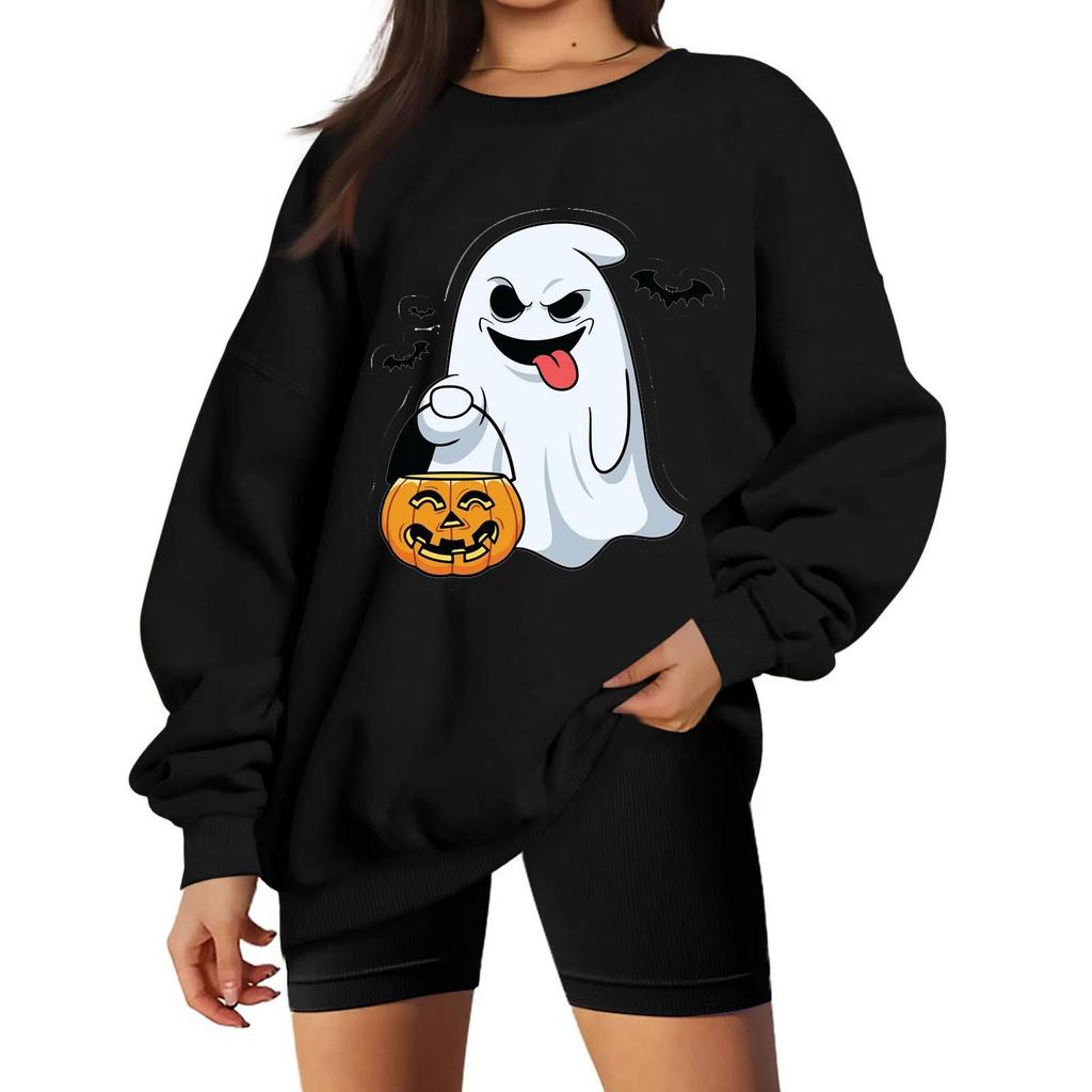 Women's Color Neck Long Sleeve Loose Fit Sweatshirt with Halloween Print