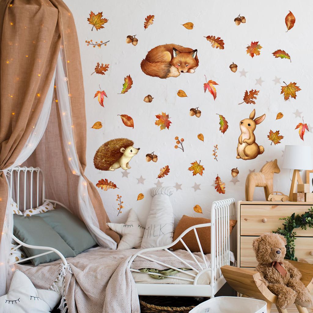 Ms6306-Zy Watercolor Wall Sticker Maple Leaf Hedgehog Rabbit Fox Children'S Room Decoration, Large Quantity Can Be Negotiated