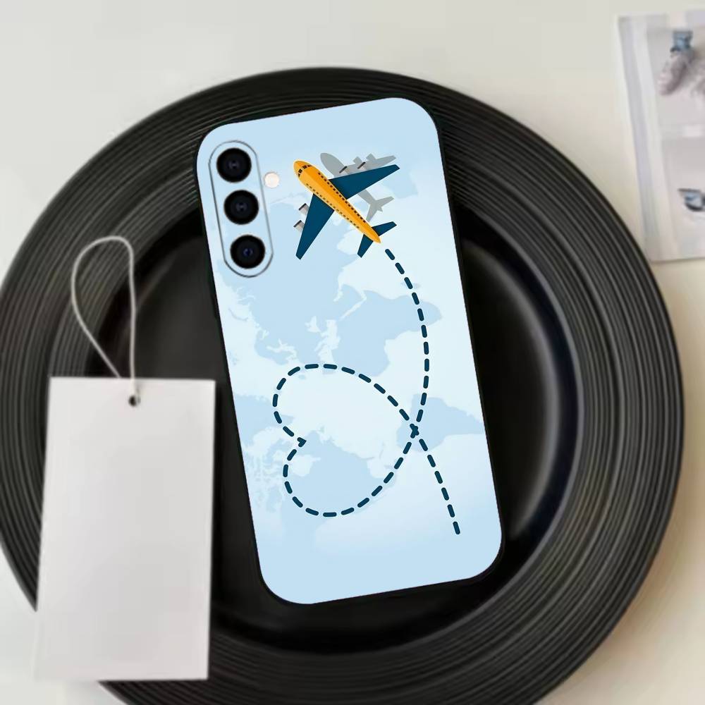 Travel Airplane Route Phone Case Black Silicone Soft For Samsung Galaxy A73,A72,A71,A70,A53,A52,A51