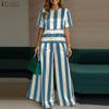 Women Short Sleeve Blouse and Pants Stripe Print Two Piece Suit Sets