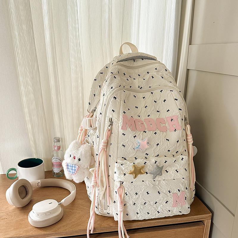 

Girls Casual Travel Backpack With Bow Print And Letter Star Decor For Day Use белый