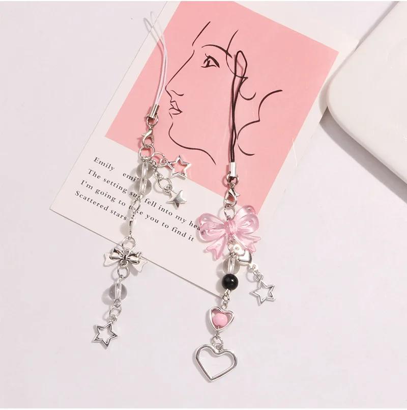 Phone Charm Pink Silve Bow Heart Star Keychain Pendant Key Chain Bag Phone Chain Cute Accessory for Girls Women Jewelry