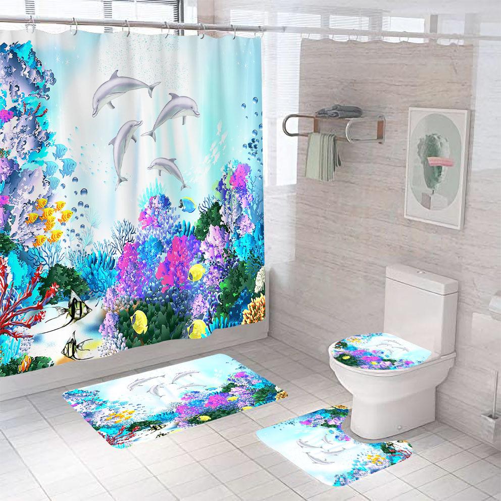 Bathroom Shower Curtain Four-piece Digital Printing Sand Underwater World Waterproof Shower Curtain Shower Curtain Partition Curtain Bath Mat