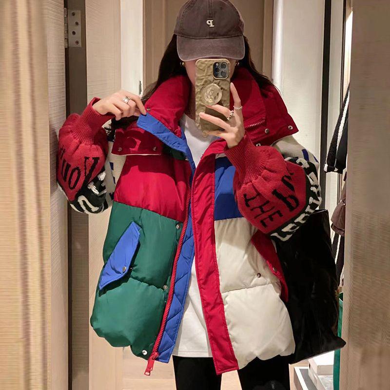 

Женское зимнее хлопковое пальто - Куртка с капюшоном в стиле колор-блок с вязаными рукавами и дизайном с буквами XL 155-175 lbs