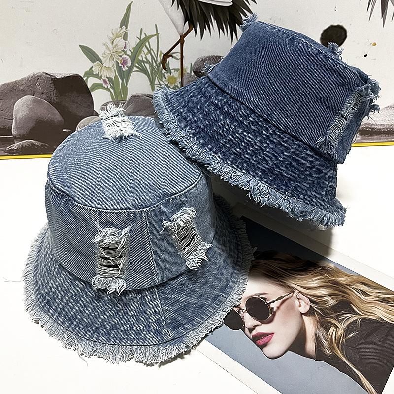 Summer Trendy Washed Broken Denim Bucket Hat Women Breathable Sunshade Best Matched Female Korean Style Beach Fisherman Cap Gift