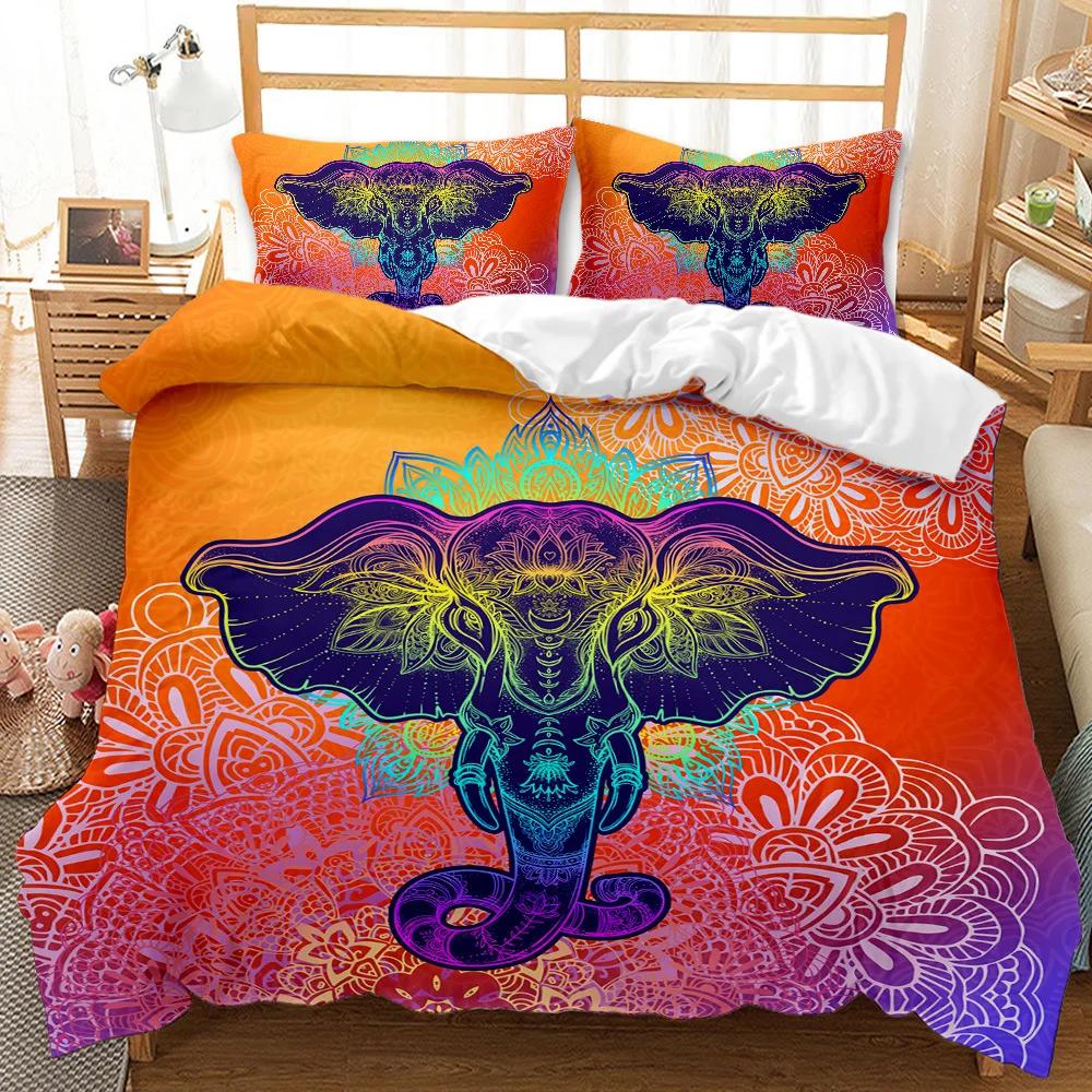 Böhmisches Elefanten Bettbezug-Set Elefanten Mandala Muster Tier Bettwäsche Set für Teenager Erwachsene Queen King Polyester Steppdecke Bezug