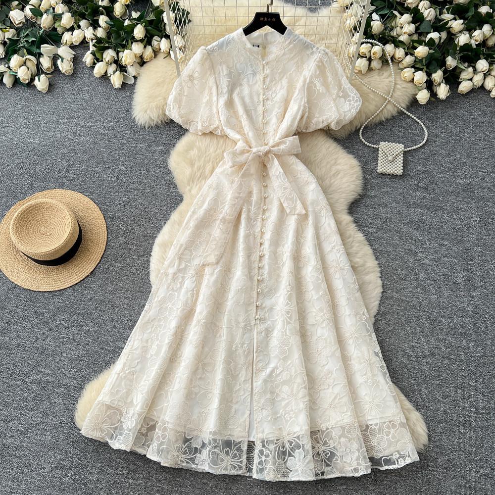 Elegant Lace Embroidered Dress Women's Summer High Waist A-shaped Skirt Commuter Temperament Long Dress Banquet Long Dress
