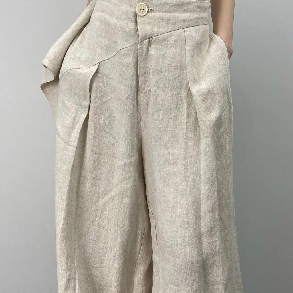 Spring and Autumn Women's Casual Pleated Wide Leg Pants Linen Texture Loose High Waist Trousers