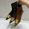 SUOJIALUN  New Brand Women Short Boots Fashion Gold Buckle Ladies Elegant Ankle Boots Thin High Heel Pointed Toe Pumps Shoes