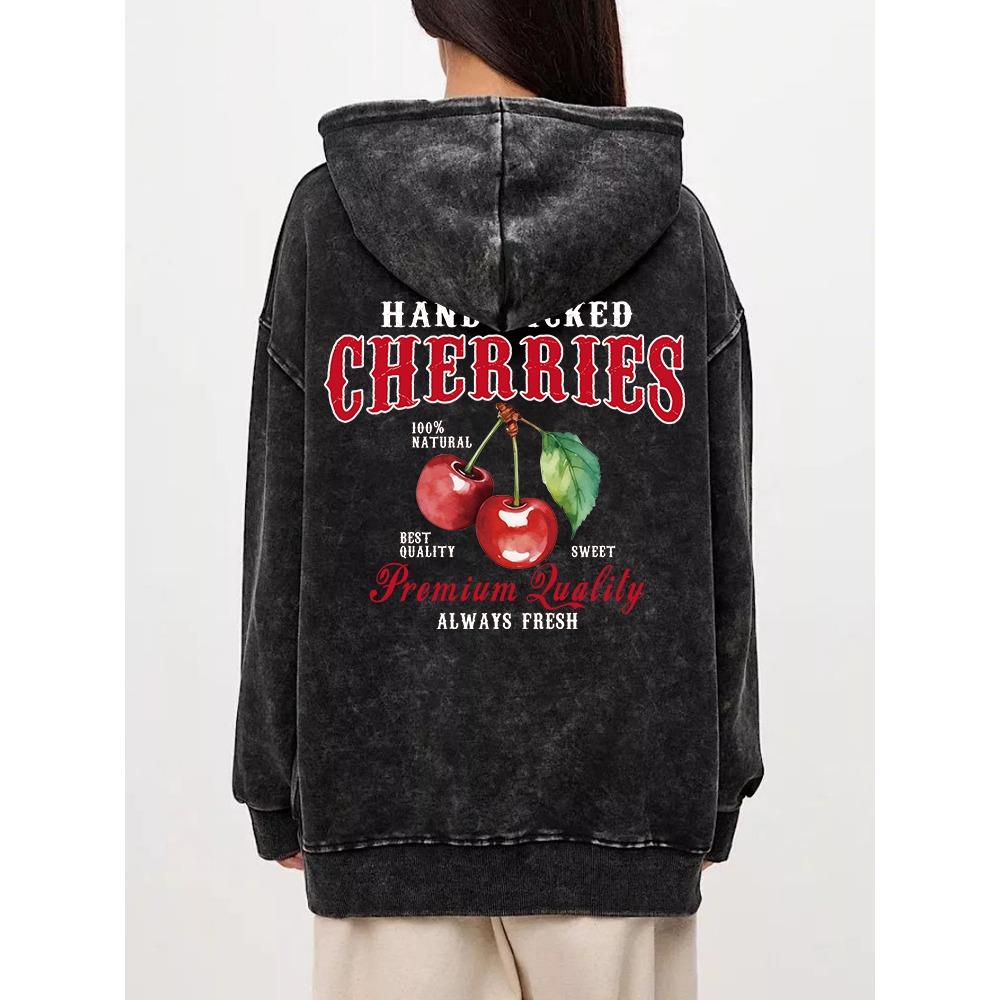 Oversized Women Washed Hoodie Hand Picked Cherries Always Fresh Print Pullover Pocket Warm Cotton Couple Clothes