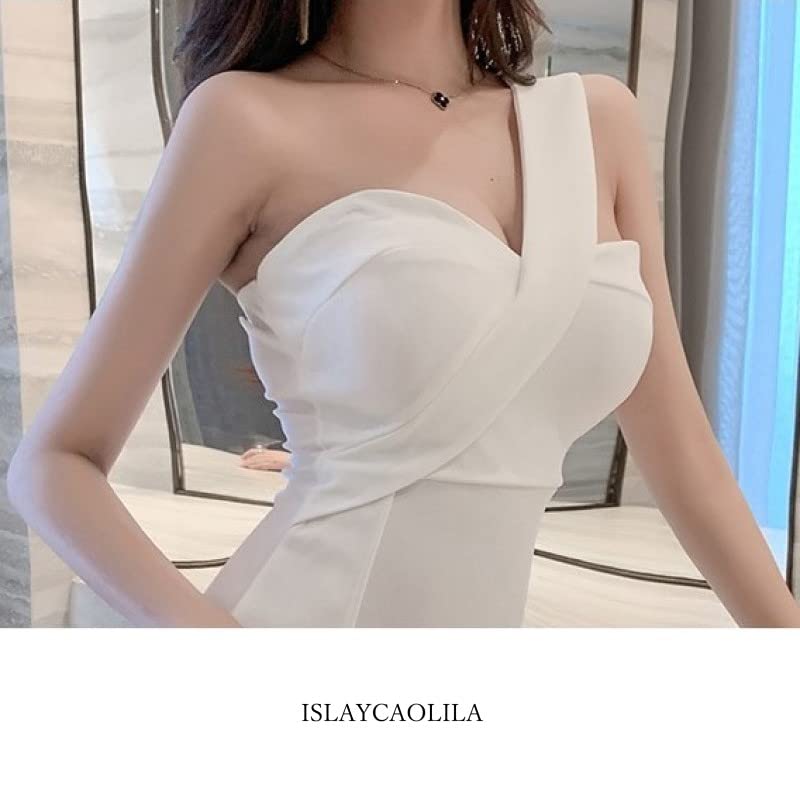 ISLAYCAOLILA CR6 Palm Dress Perfect for or Party Features a and sleeveless Women's (M, White) - Cabaret, Mini, Club, Wear. tight, one-shoulder,