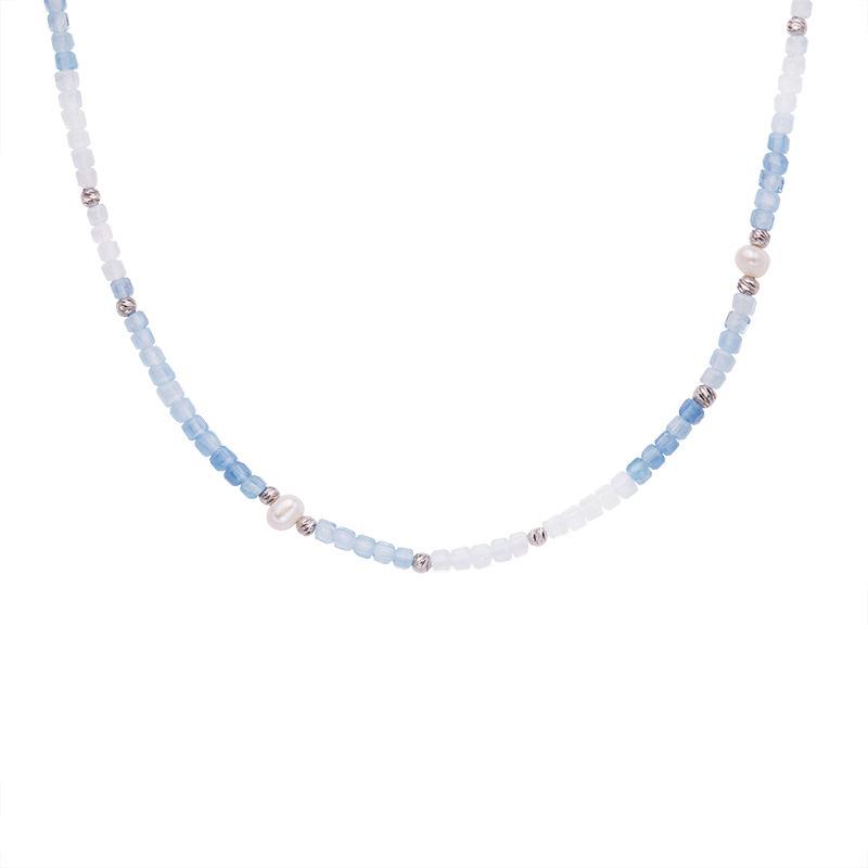 S925 Sterling Silver Colored Jewelry Natural Aquamarine Beaded Necklace Female Xiaohongshu Wechat Channels