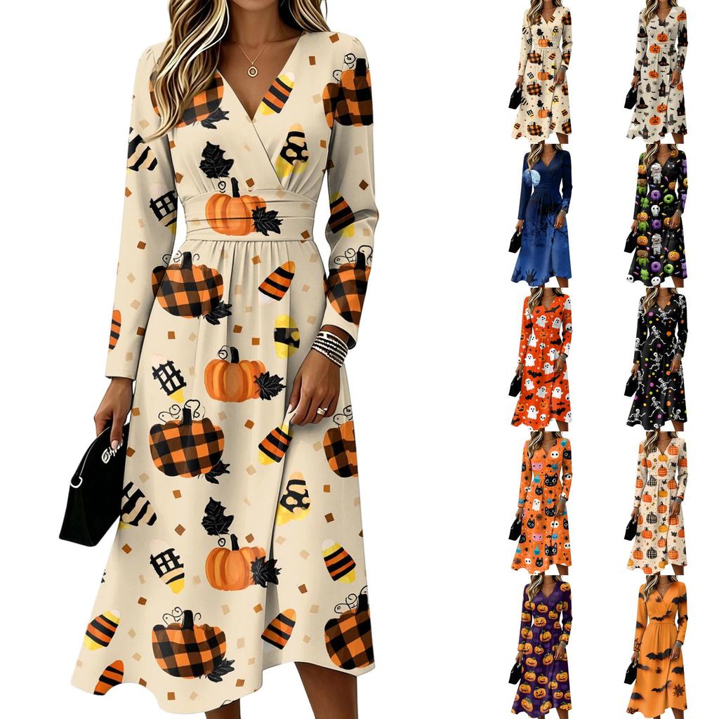 Women's Halloween Print V-Neck Long Sleeve Casual Dress with Pockets