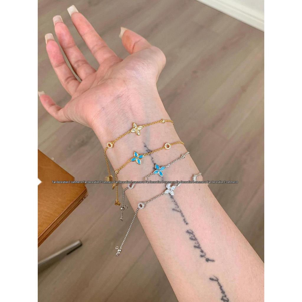 Exquisite Blue Four-Leaf Flower Zircon Bracelet: Versatile, High-Value, Micro-Paved, Stacking Jewelry