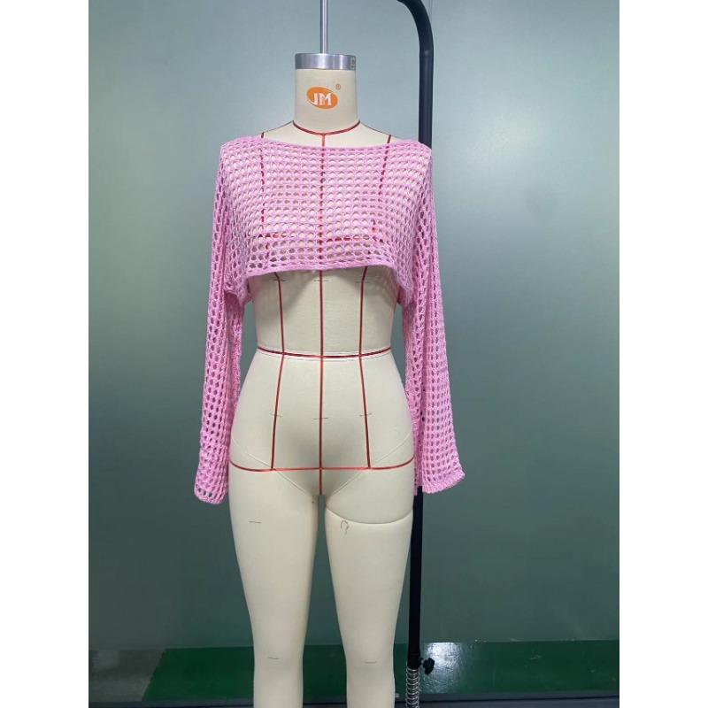 Women's Cover Ups Fall Women's Hand Hook Sweater Casual Ultra Short Flared Sleeve Sexy Mesh Cover Up