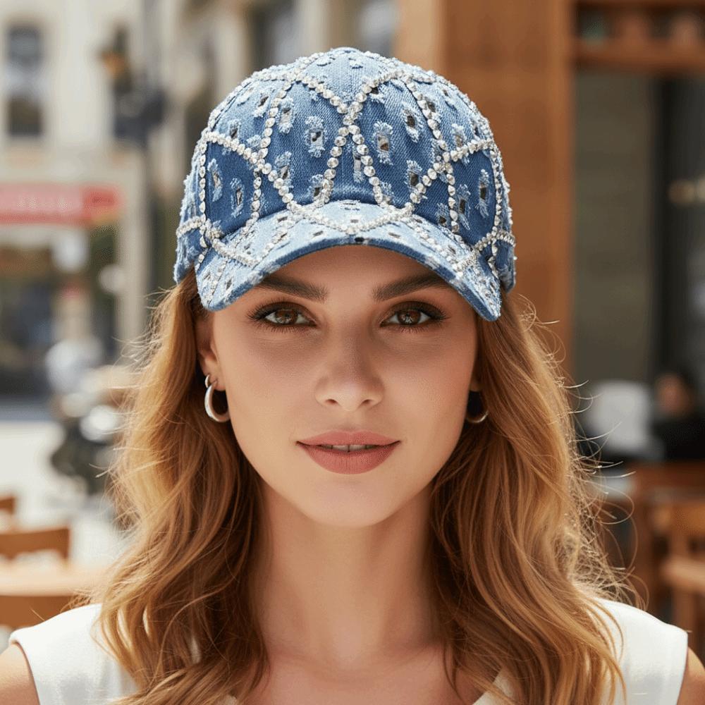 Lässige Baseballkappe mit Strasssteinen Funkelnde Sonnenhüte Modische distressed Denim Baseballkappen für Damen