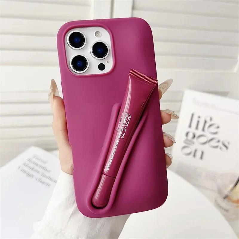 Tragbare Lipgloss Handy Silikonhülle für IPhone 17 11 12 13 14 15 16 Pro Max Plus Lippenstifthalter Soft Cover
