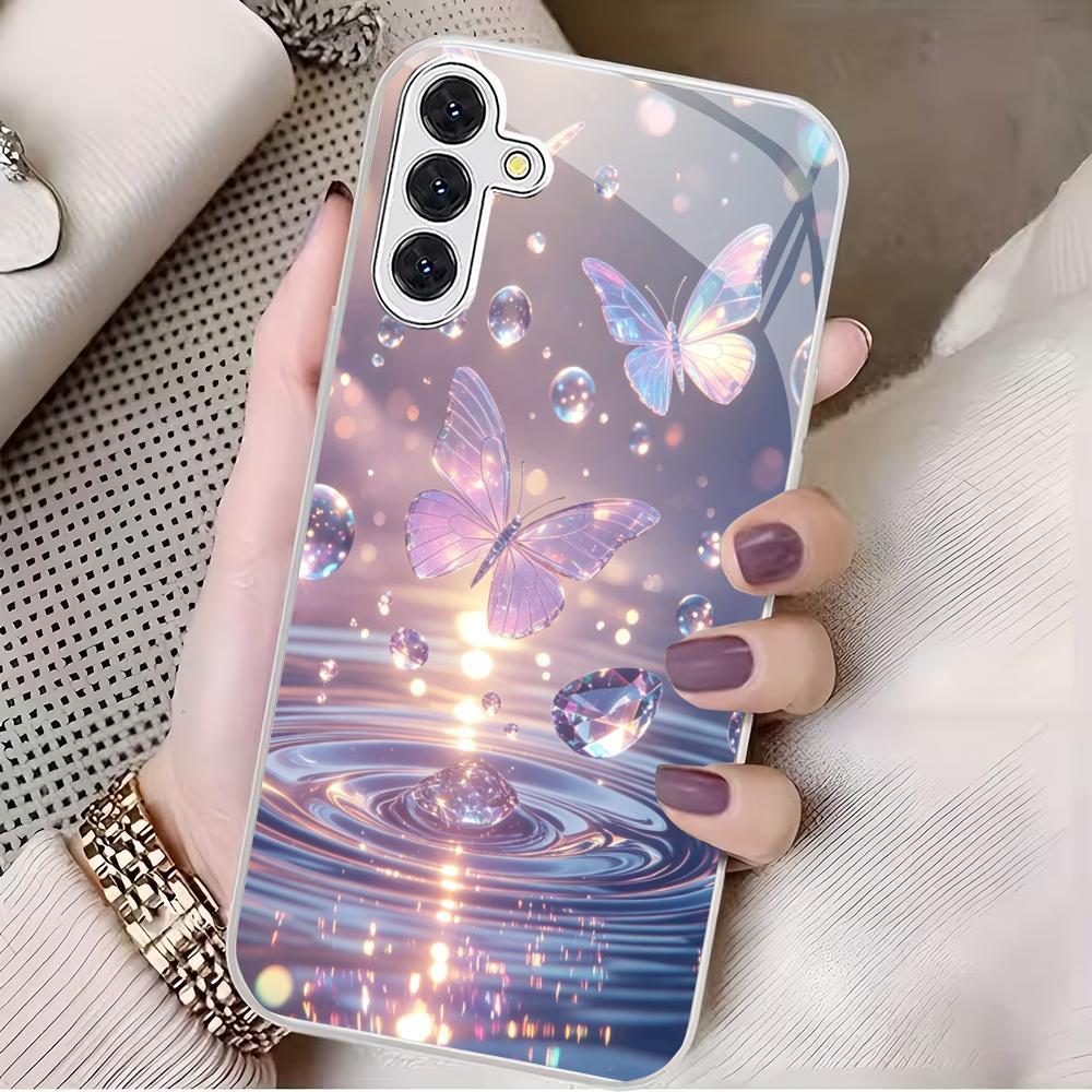 Fioletowy motyl posrebrzane szklane etui na telefon odpowiednie do Samsung Galaxy S26 S25 S24 S23 S22 S21 S20 FE/Ultra/Plus odporne na upadki