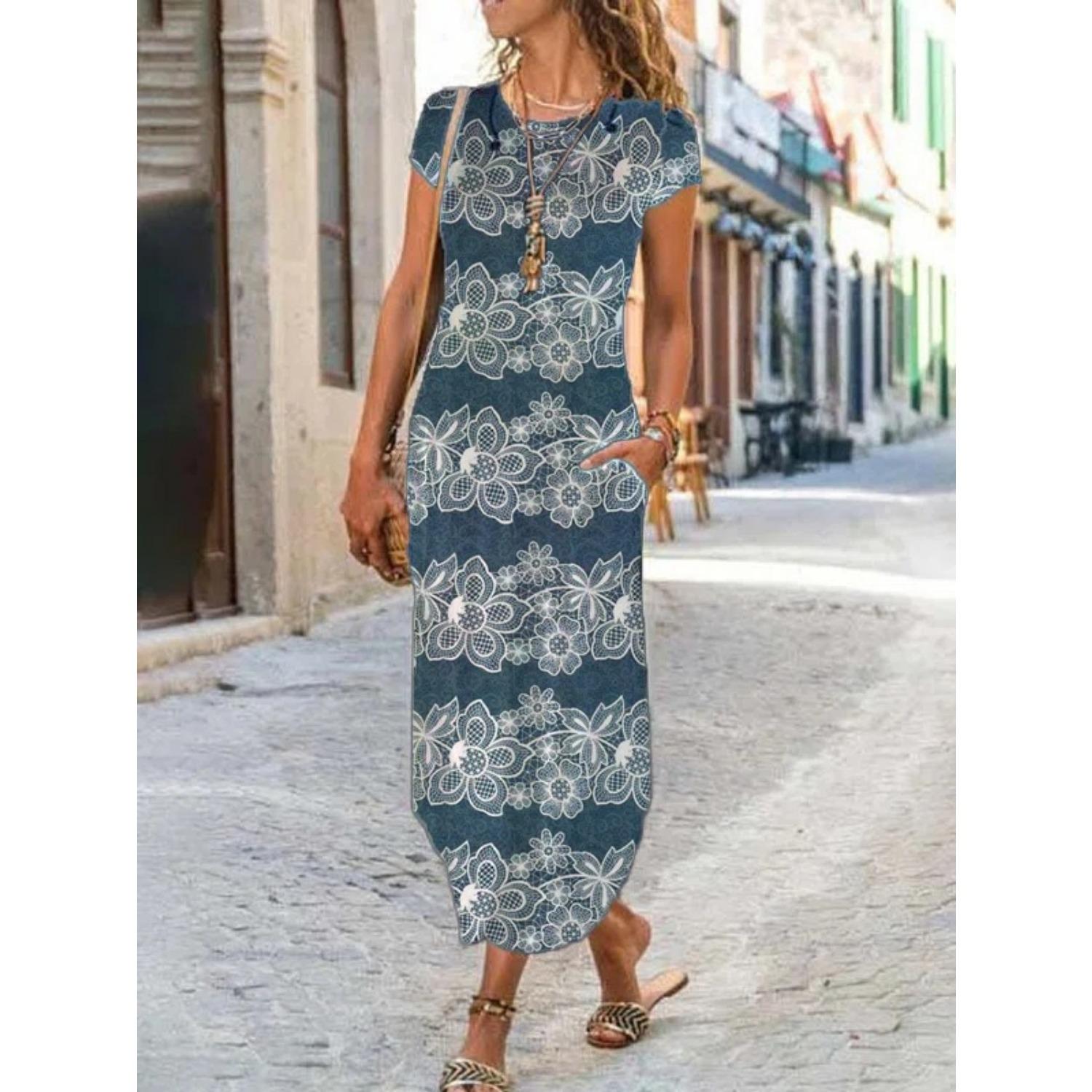 

2025 Новое женское платье с заниженной талией, элегантное платье с принтом, весна-лето, свободное и удобное 3XL темно-синий