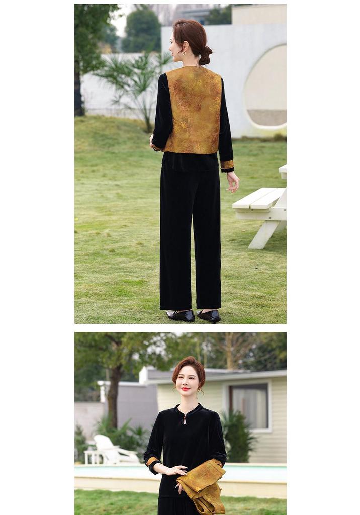 Chinese Gold Velvet Vest Set for Middle-Aged Women - Spring/Autumn Noble Lady Style