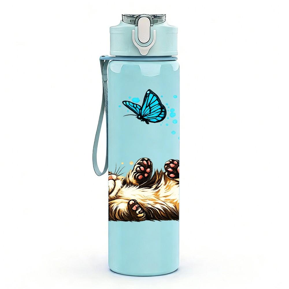 1PC Sleeping Cat Butterfly Art Print 750ml Color Plastic Sports Water Bottle Leakproof Flip Straw Lid Suitable for Sports Office Home Use