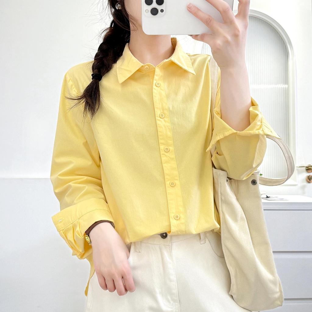 Women's Candy Color Long Sleeve Cotton Shirt - Minimalist, Versatile, and Slimming Design