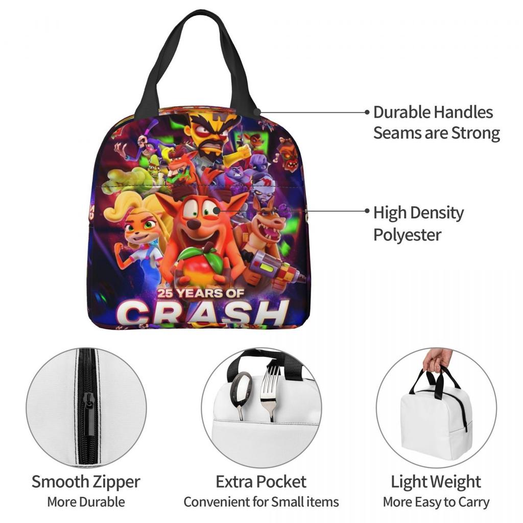 Crashs Bandicoots Cartoon Merch Insulated Lunch Bag For School Video Game Food Box Portable Cooler Thermal Lunch Box