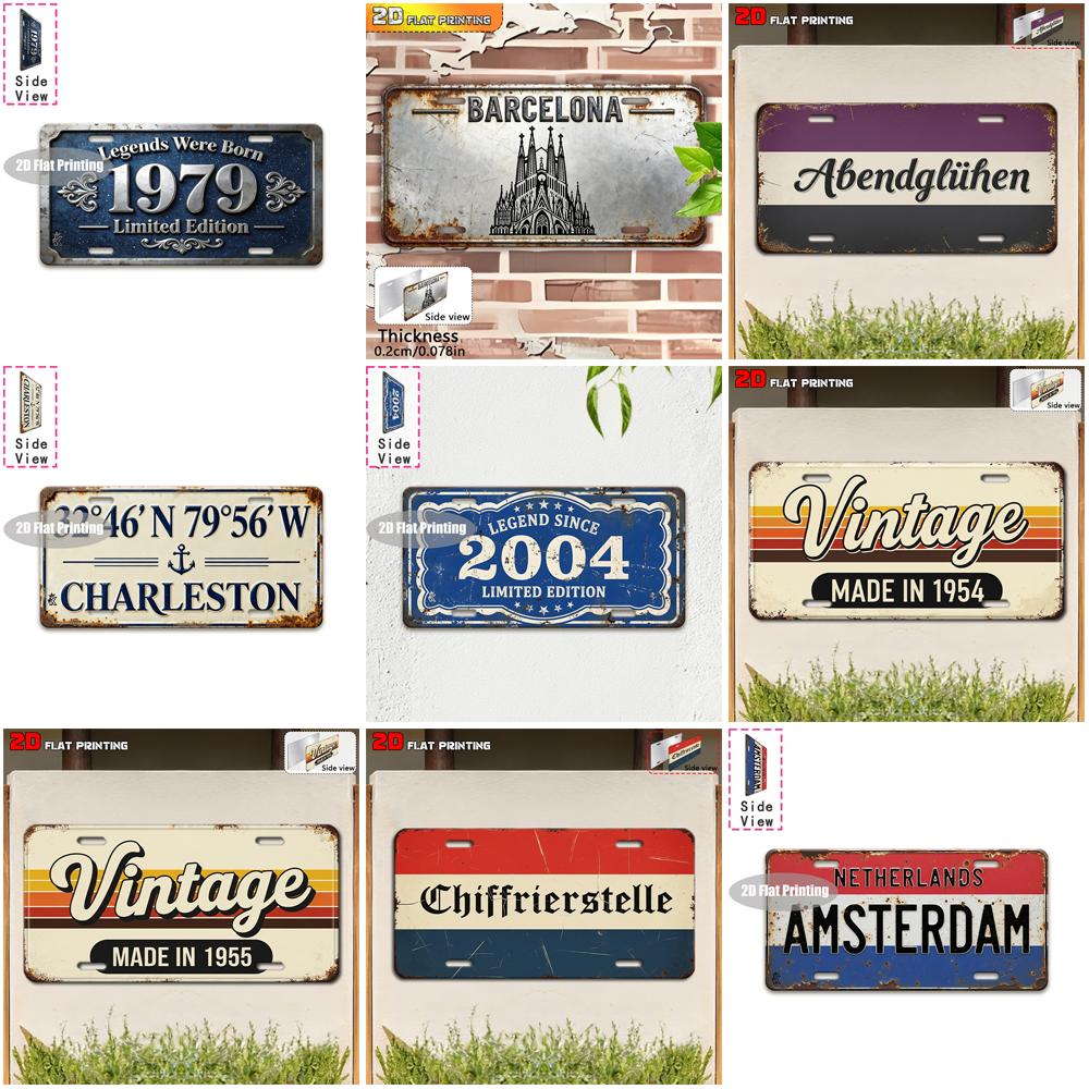 Vintage City Coordinate Year Text Pattern Metal License Plate Sign Retro D Flat Printed Tin Plaque Wall Decor for Home Bar