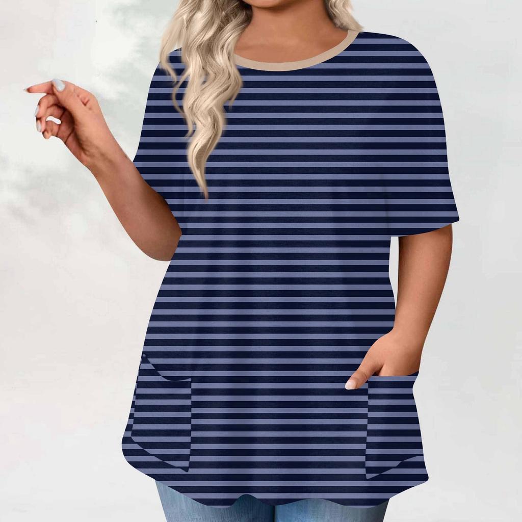 Womens Plus Size Tops Shorts Sleeve Shirts Round Neck Printed Casual Pockets Clothing Clothes Tops