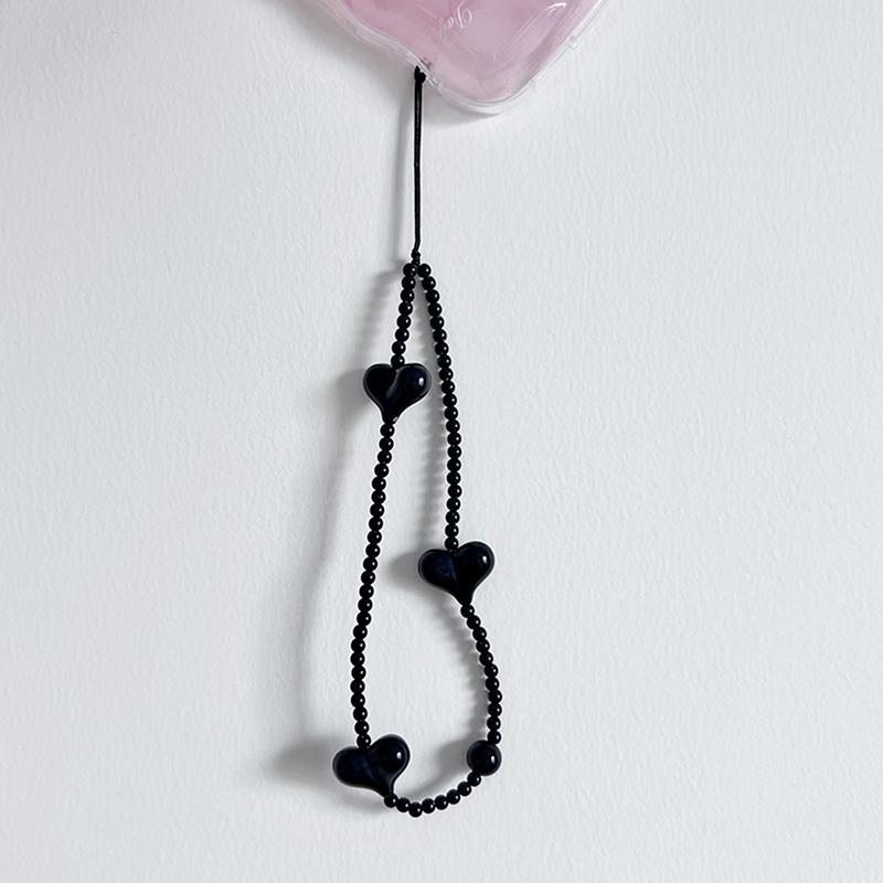 

Korean Black Heart Phone Charm Straps Acrylic Beaded Cell Phone Chains Handy Wristlet String Lanyard Y2K Jewelry Accessories A1