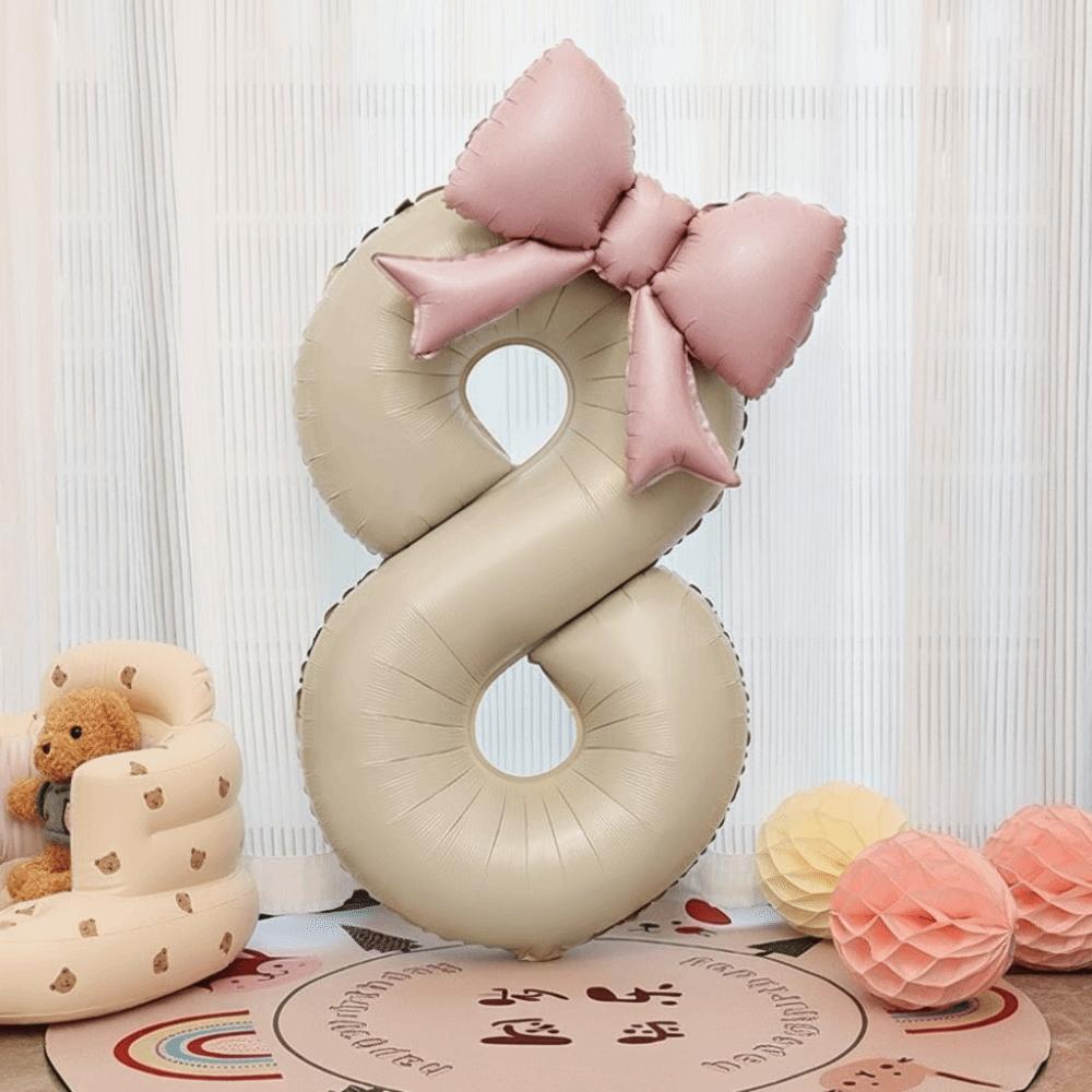 40 Inch Number 0-9 Balloon Cream White with Light Pink Bow Aluminum Foil Balloons New Year Decorations Birthday Party Balloons