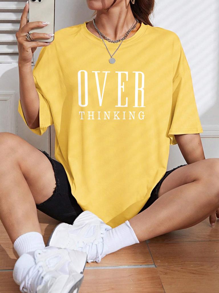 Over Thinking Letter Print Women Cotton Short Sleeve Breathable Vintage ONeck Tops Allmath Casual TShirts Female Tee Clothing