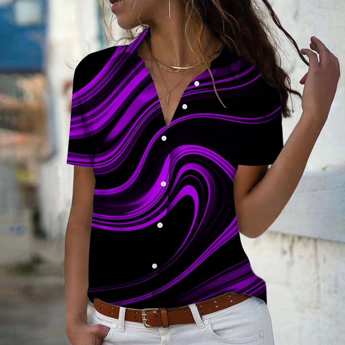 

2025 Summer New Fashion Women s Ripple Printed Short Sleeve V-neck Casual Button-down Shirt Top XS фіолетовий
