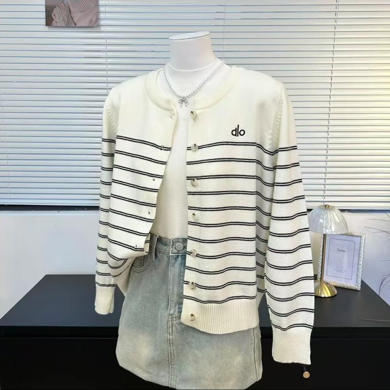 Autumn Round-neck Long-sleeved Striped Letter-embroidered Thin Knitted Cardigan for Women