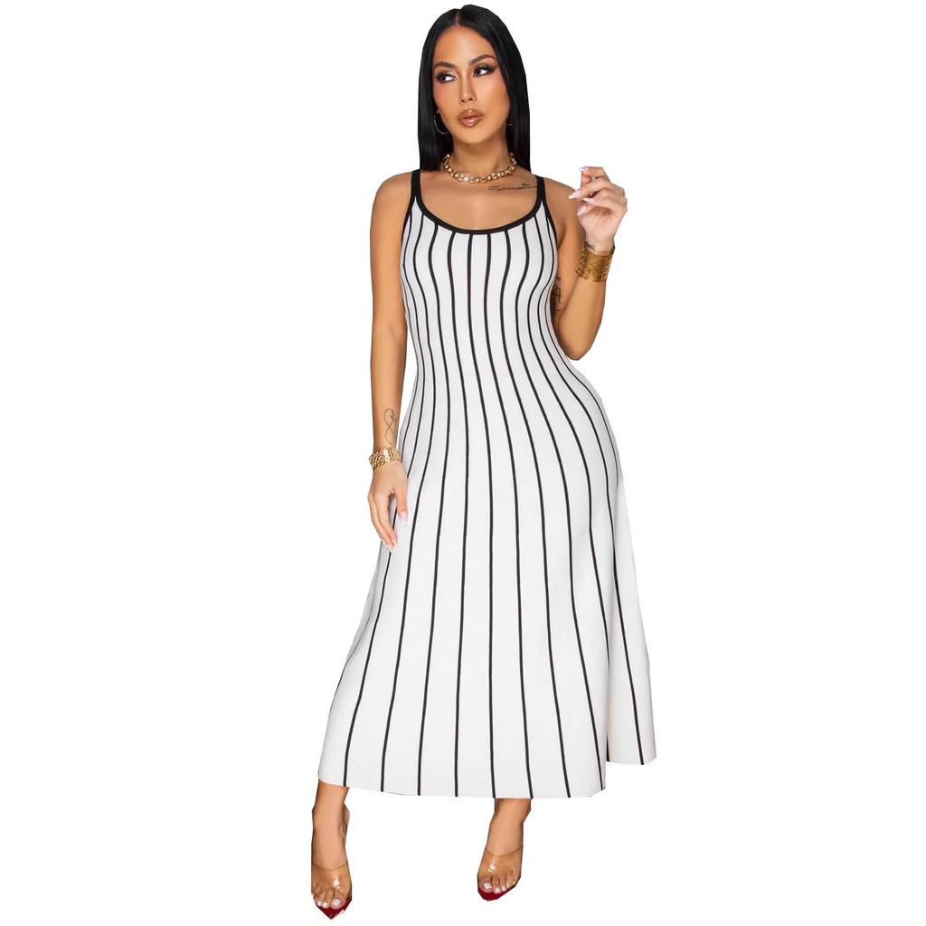 Retro Stripe Patchwork Backless Slip Dress - Color Block Sleeveless Long Slim Fit