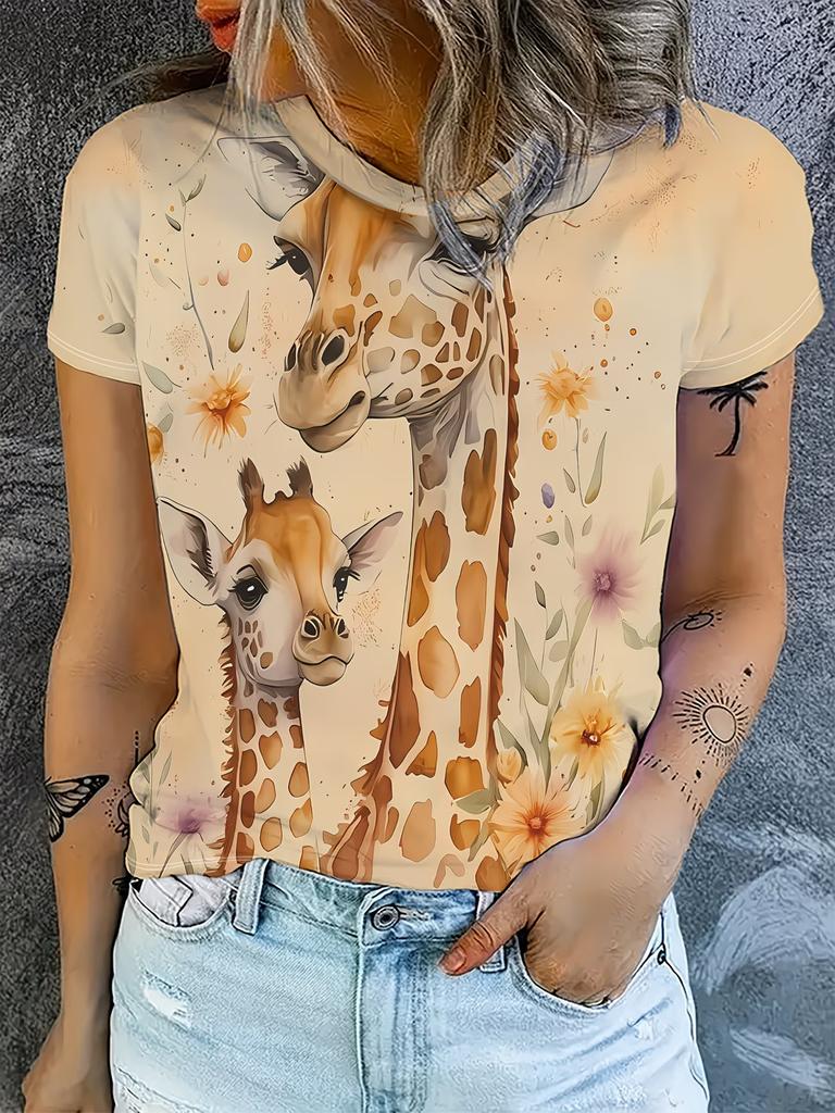 Rundhals Kurzarm Aquarell Giraffe Blumendruck T-Shirt Damen Outfits Lässig Tägliche Kleidung Sommer Damenkleidung